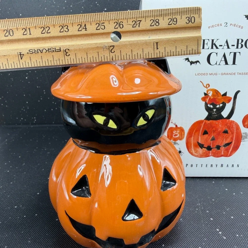 Pottery Barn Peek A Boo Cat Lidded Mug Halloween Pumpkin Black Cat Ceramic Cup
